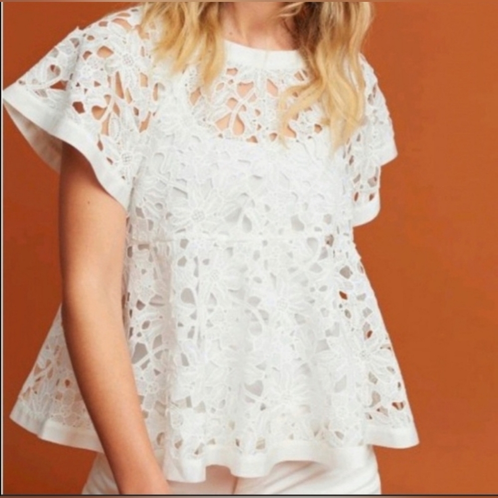 Anthropologie White Lace Peplum Blouse XS
